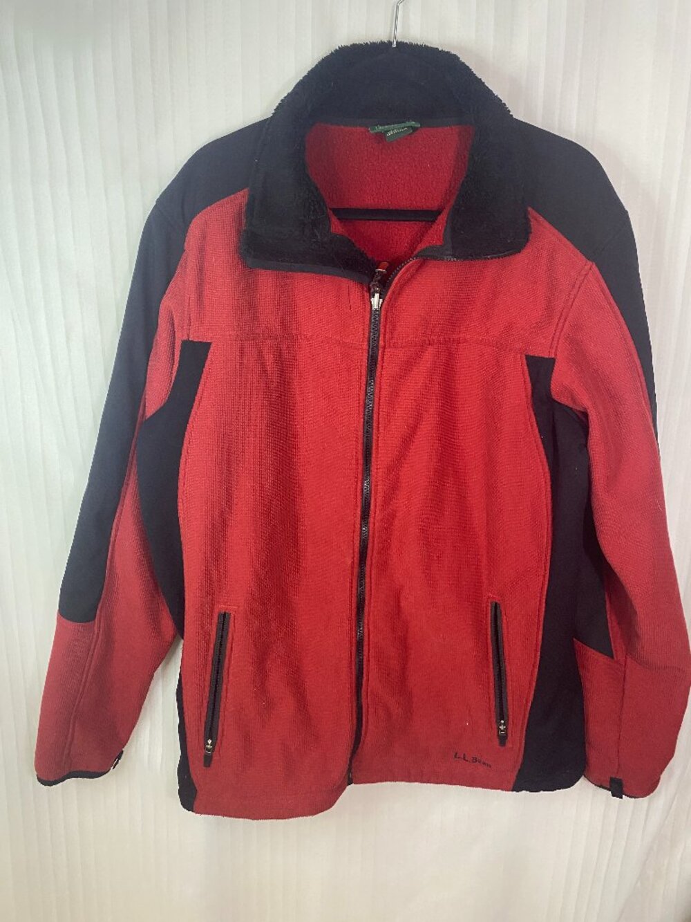 L.L. Bean Mens Large Tall Red Black Full Zip Fleece Jacket Sherpa Collar Outdoor